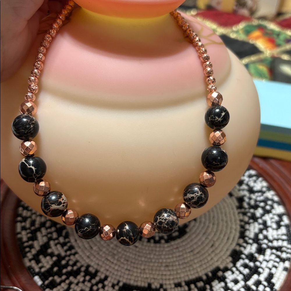 N197 Black and Copper Beaded Necklace with coated lava beads